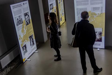 Gallery at the museum: two people, a man and a woman, visiting the exhibition.